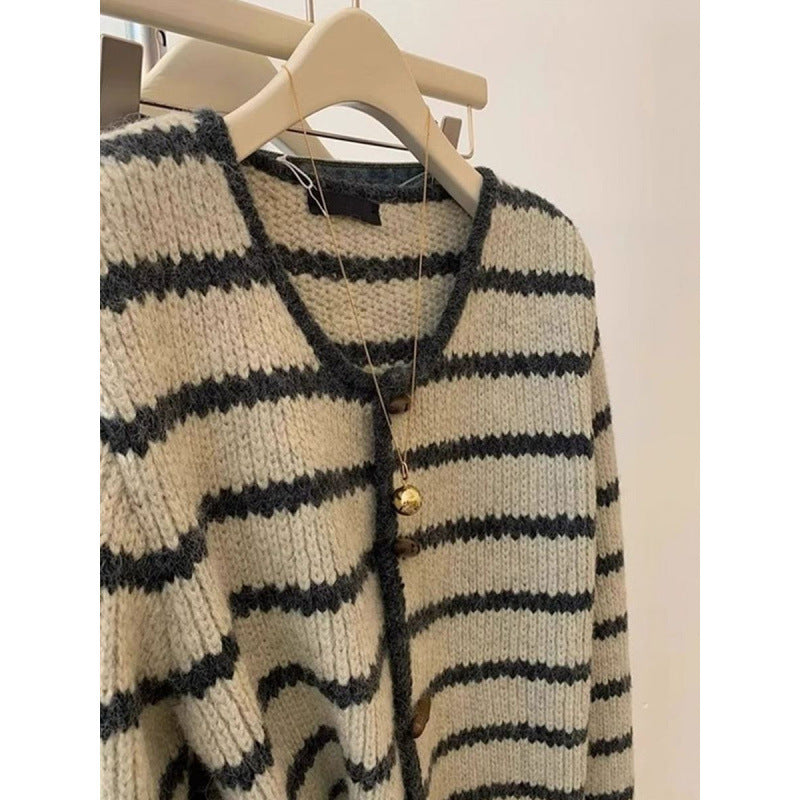 Vintage Stripe Knitted Coat For Women Autumn And Winter