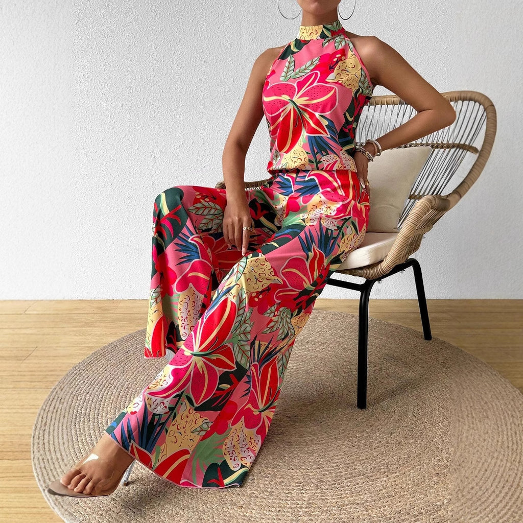 Womens Printed Crew-Neck Tank Top And Wide-Leg Pants Set