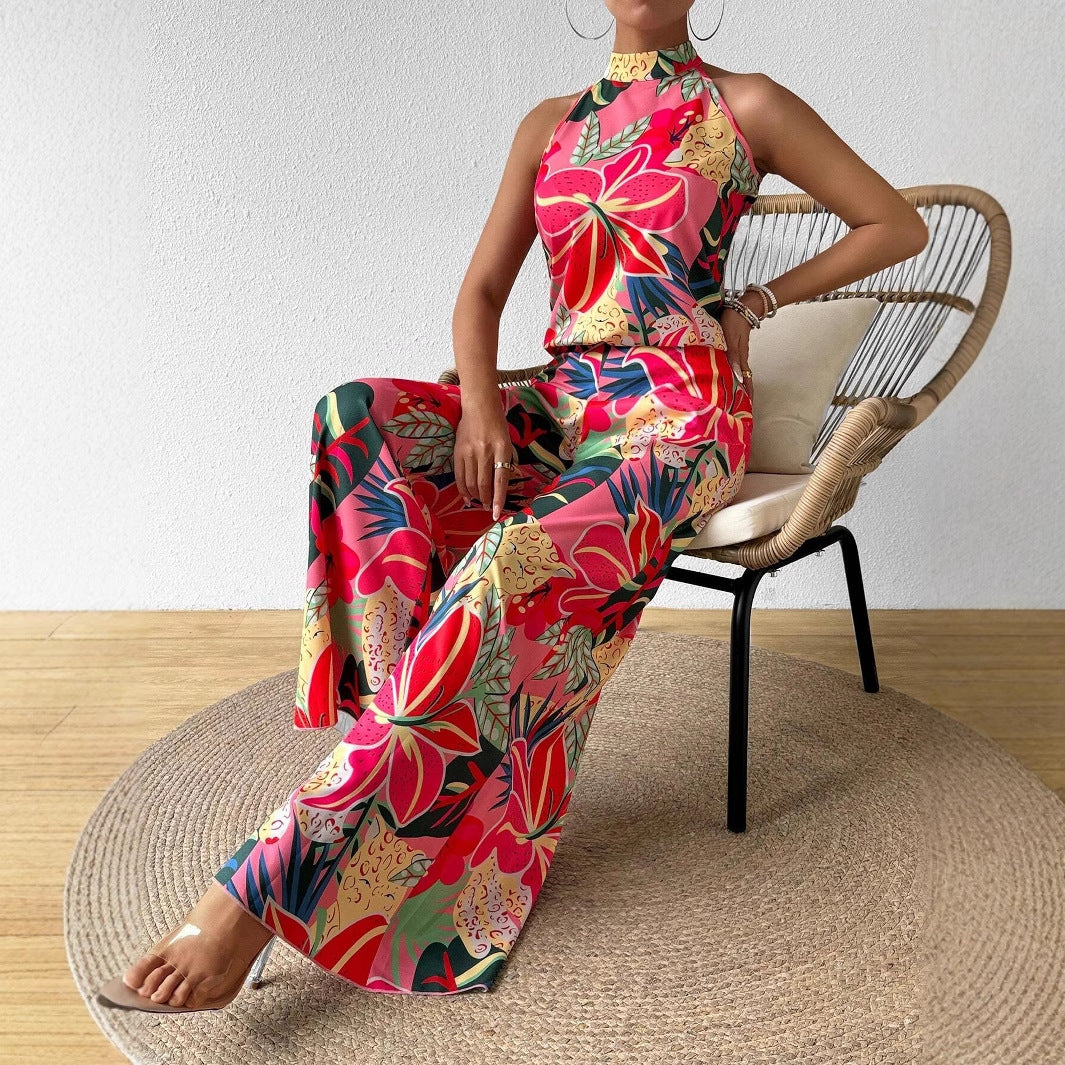 Womens Printed Crew-Neck Tank Top And Wide-Leg Pants Set