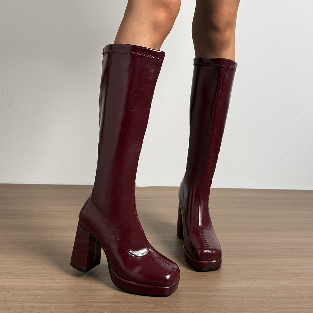 Retro Wine-red Versatile And Chic New Fallwinter Square-toe Chunky-heel Riding Boots