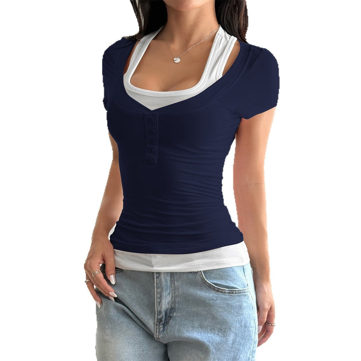 Y2g Hot Girl Style Fake Two-piece Suspender Short-sleeved T-shirt