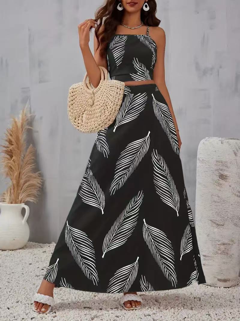 Holiday Floral Print Elegant Two-piece Set Overall Dress Set