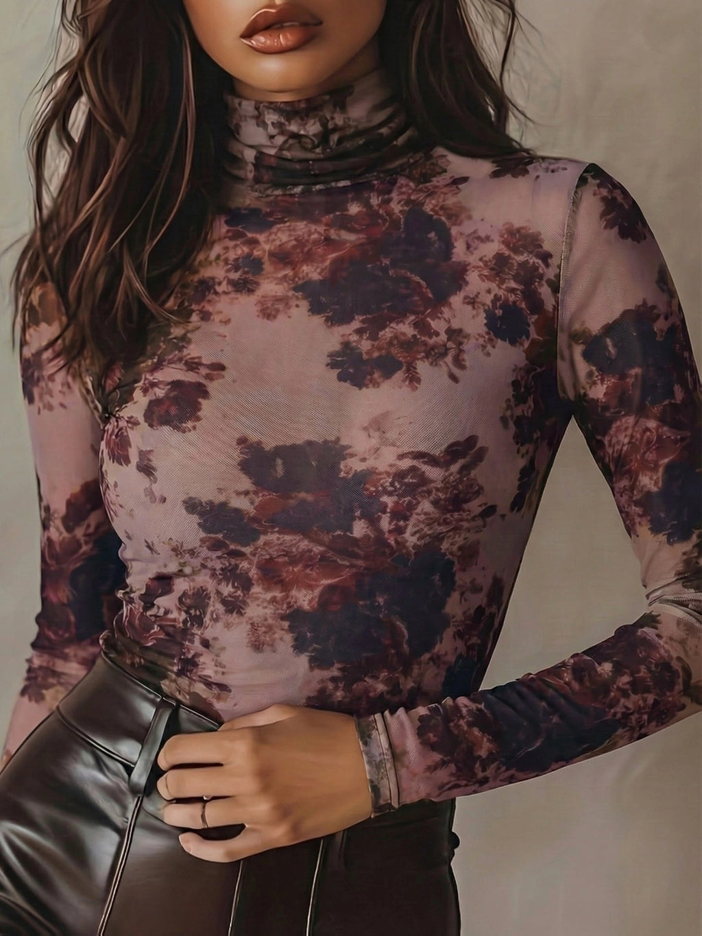 Retro Floral Print High-Neck Mesh Long-Sleeve Slim-Fit Base Top