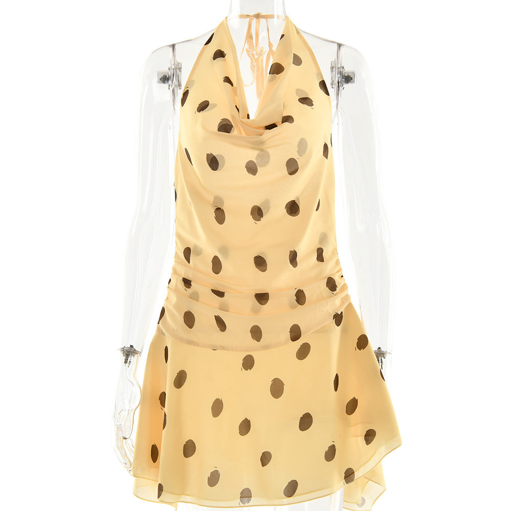 Polka Dot Chiffon Dress Sexy Halter Deep V Split