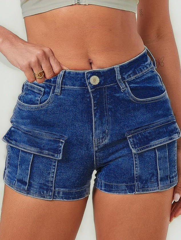 Solid-Color High-Waist Slim-Fit Denim Shorts