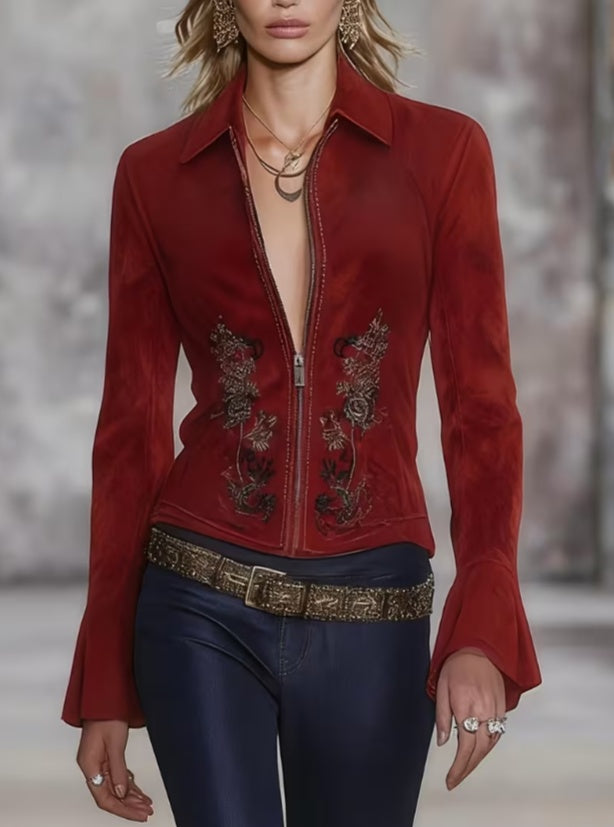 Women's Long-Sleeved Casual Jacket With Lapel Zipper Fit And Flared Sleeves