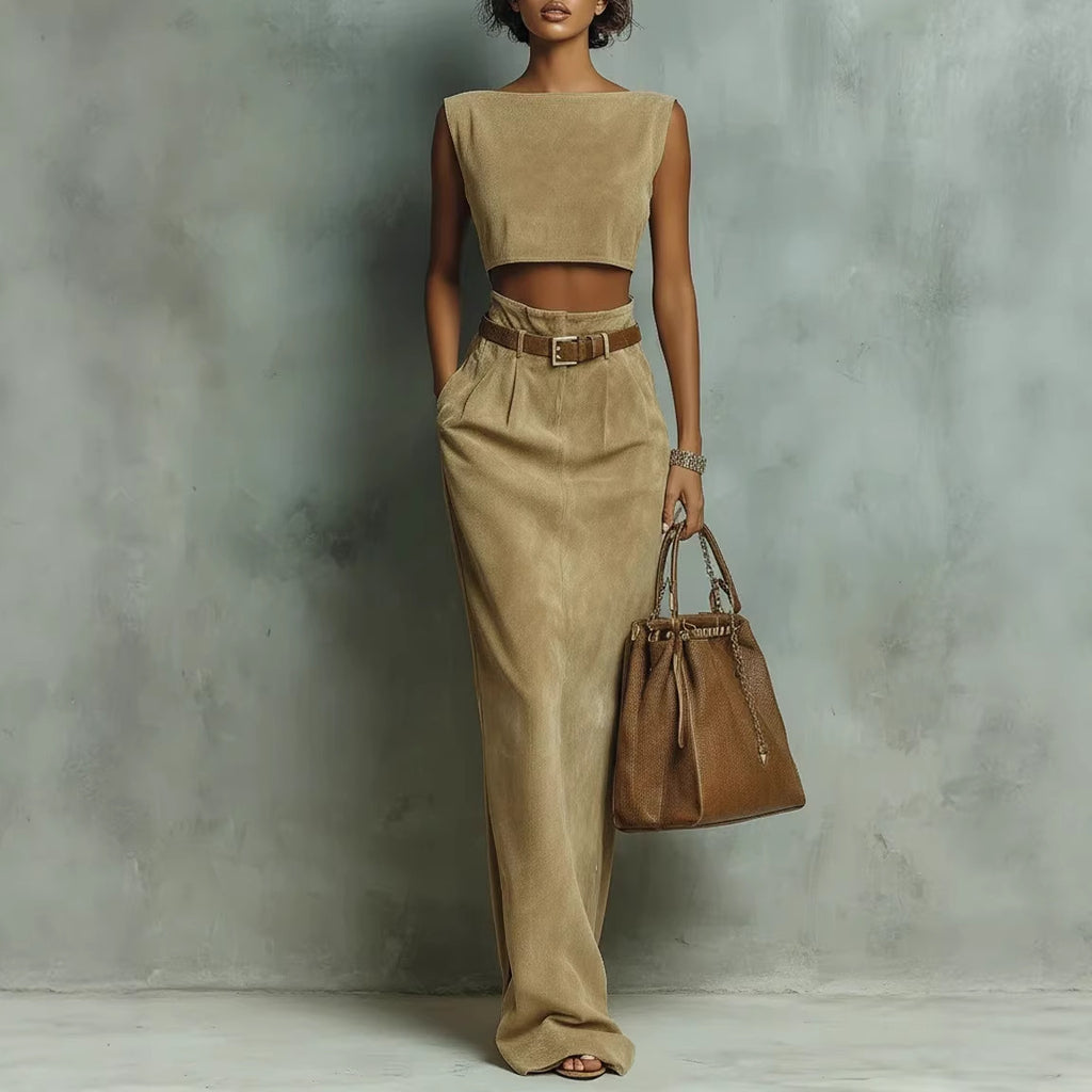 Fashionable Faux Suede Velour Set Vest And Pants