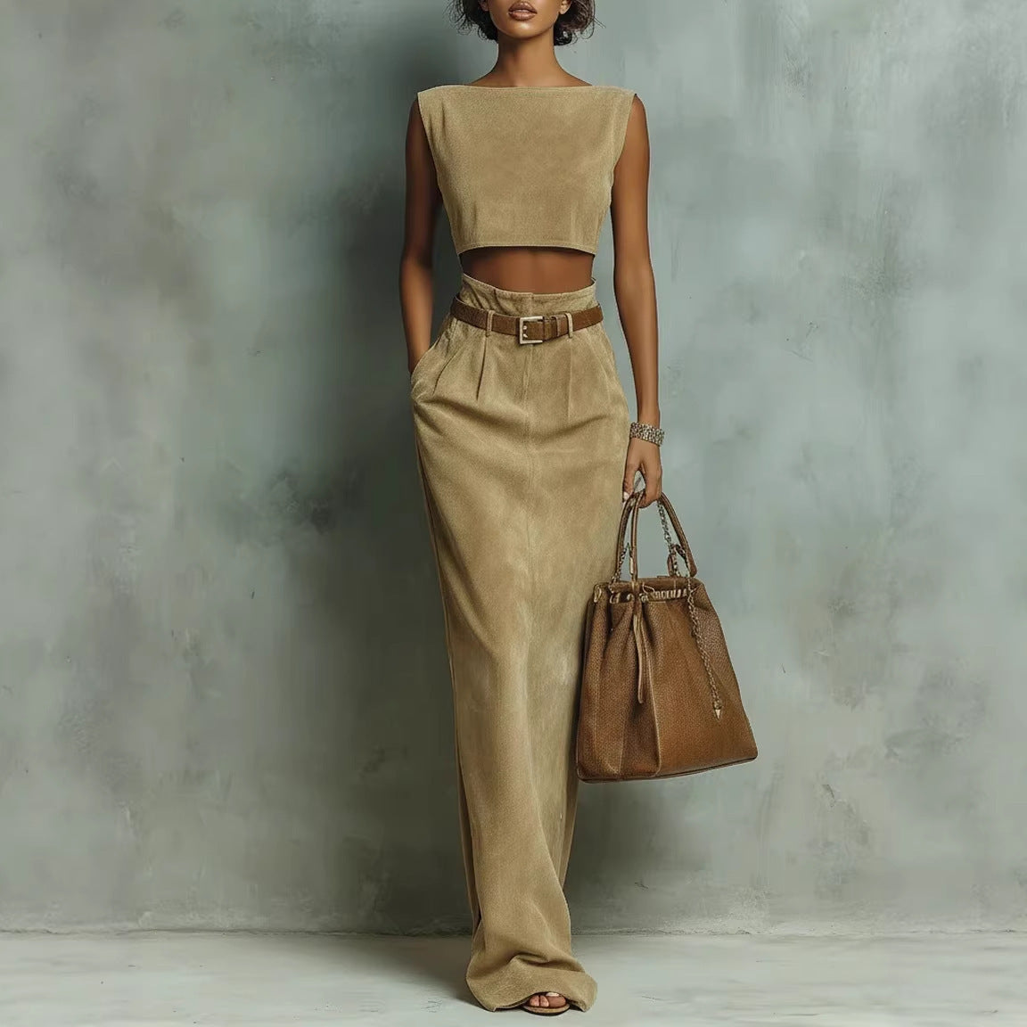 Fashionable Faux Suede Velour Set Vest And Pants