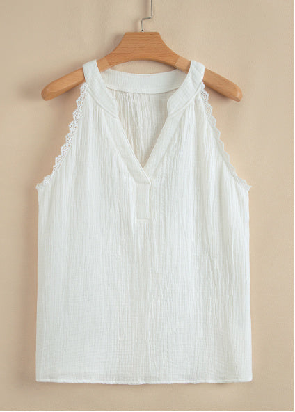 White Textured Lace Trim Pure Cotton Sleeveless Top