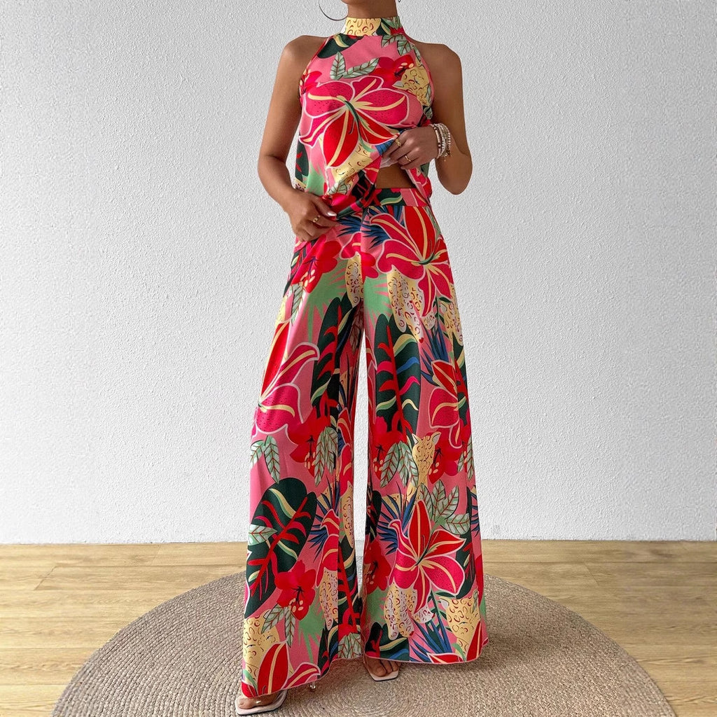 Womens Printed Crew-Neck Tank Top And Wide-Leg Pants Set