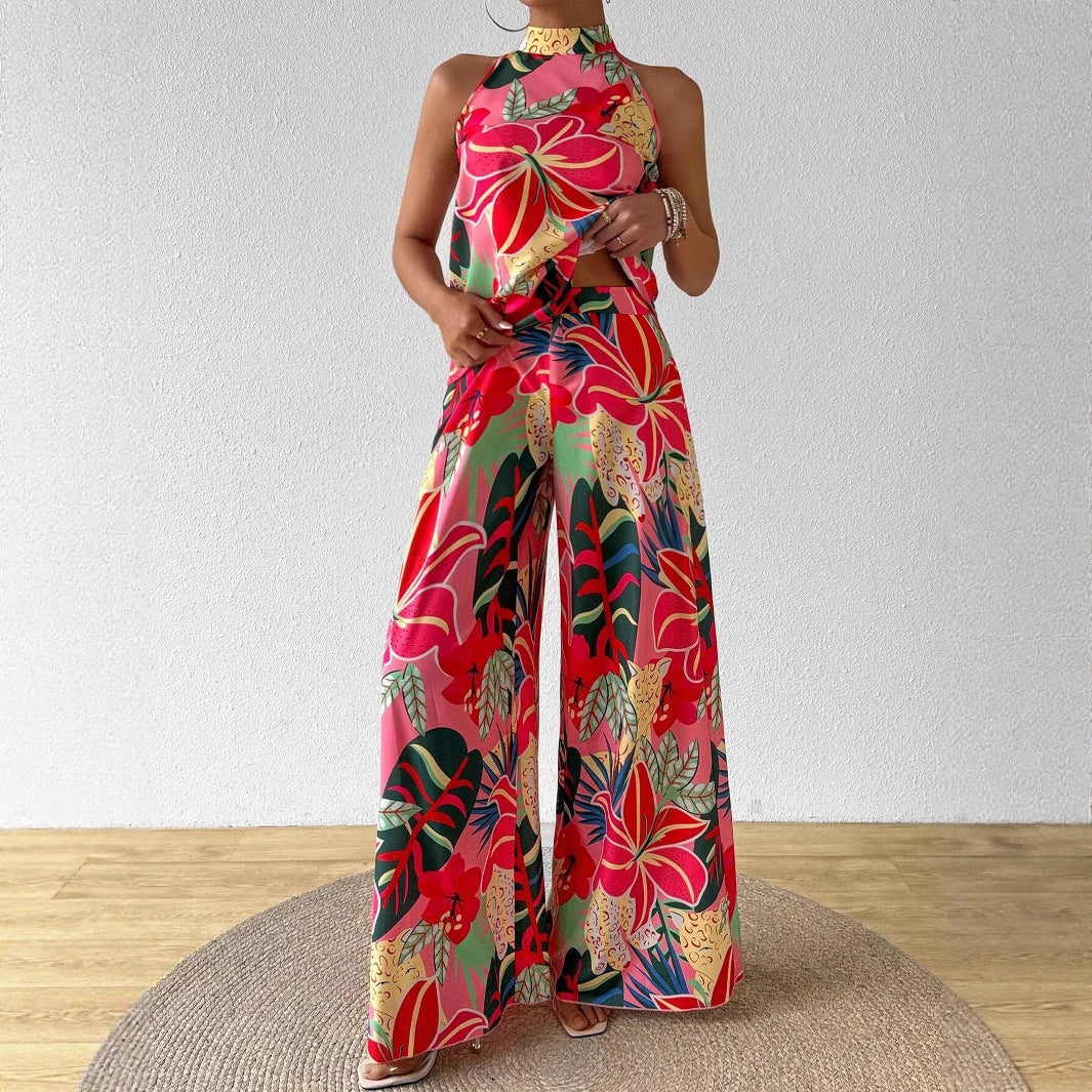 Womens Printed Crew-Neck Tank Top And Wide-Leg Pants Set