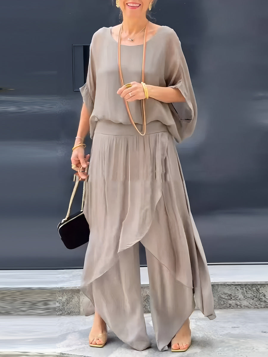 Top Split Wide Leg Pants Chiffon Casual Suit