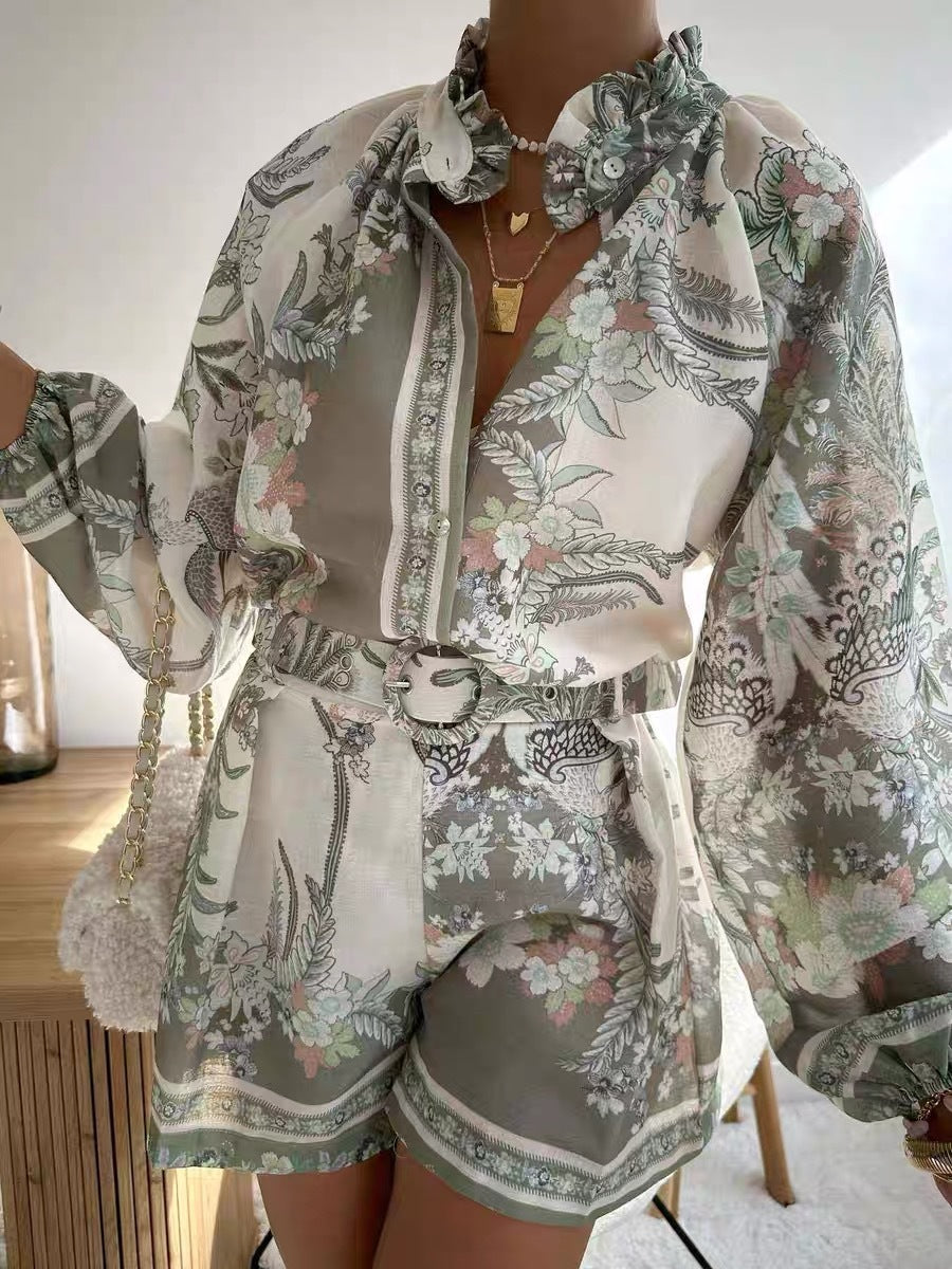 Stand-up Collar Puff Sleeve Single-placket Printed Shorts Suit
