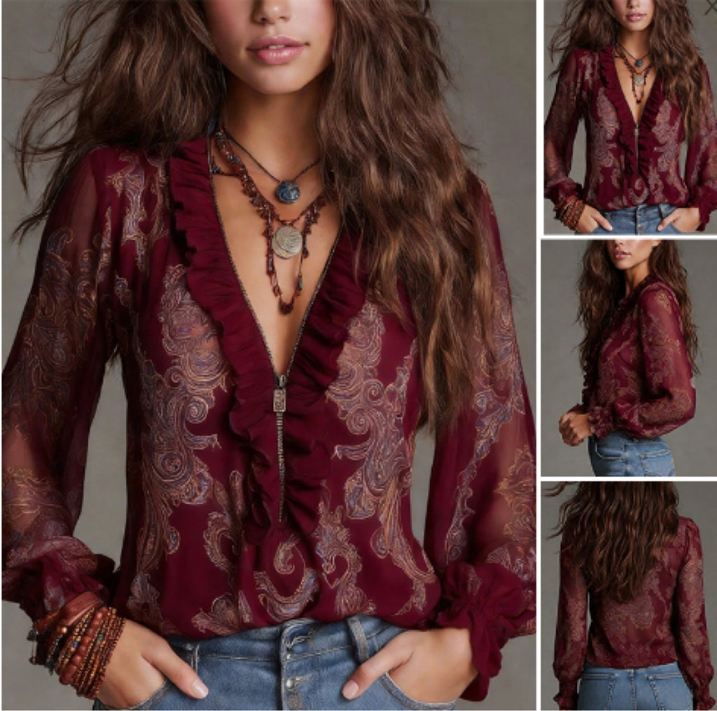 Deep V-neck Paisley Ruffle Chiffon Blouse