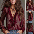 Deep V-neck Paisley Ruffle Chiffon Blouse