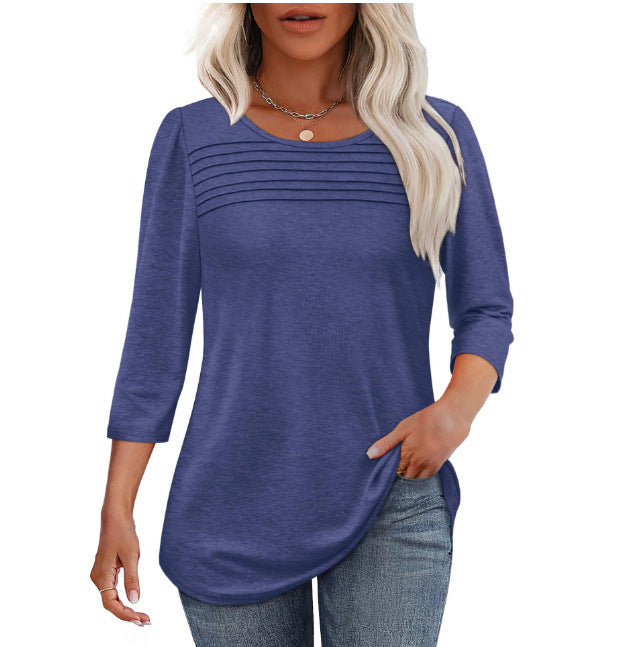 Ladies' Autumn And Winter Round Neck Three-quarters Sleeved Chest Tuck Line Pleated Top