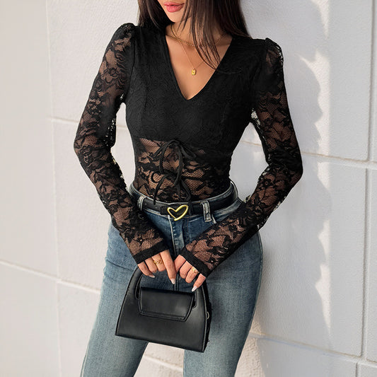 Women's Lace Stitching Long Sleeve V-neck See-through Jumpsuit