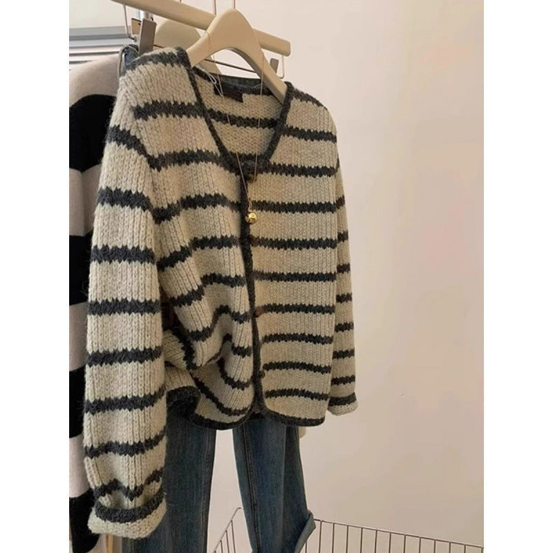Vintage Stripe Knitted Coat For Women Autumn And Winter