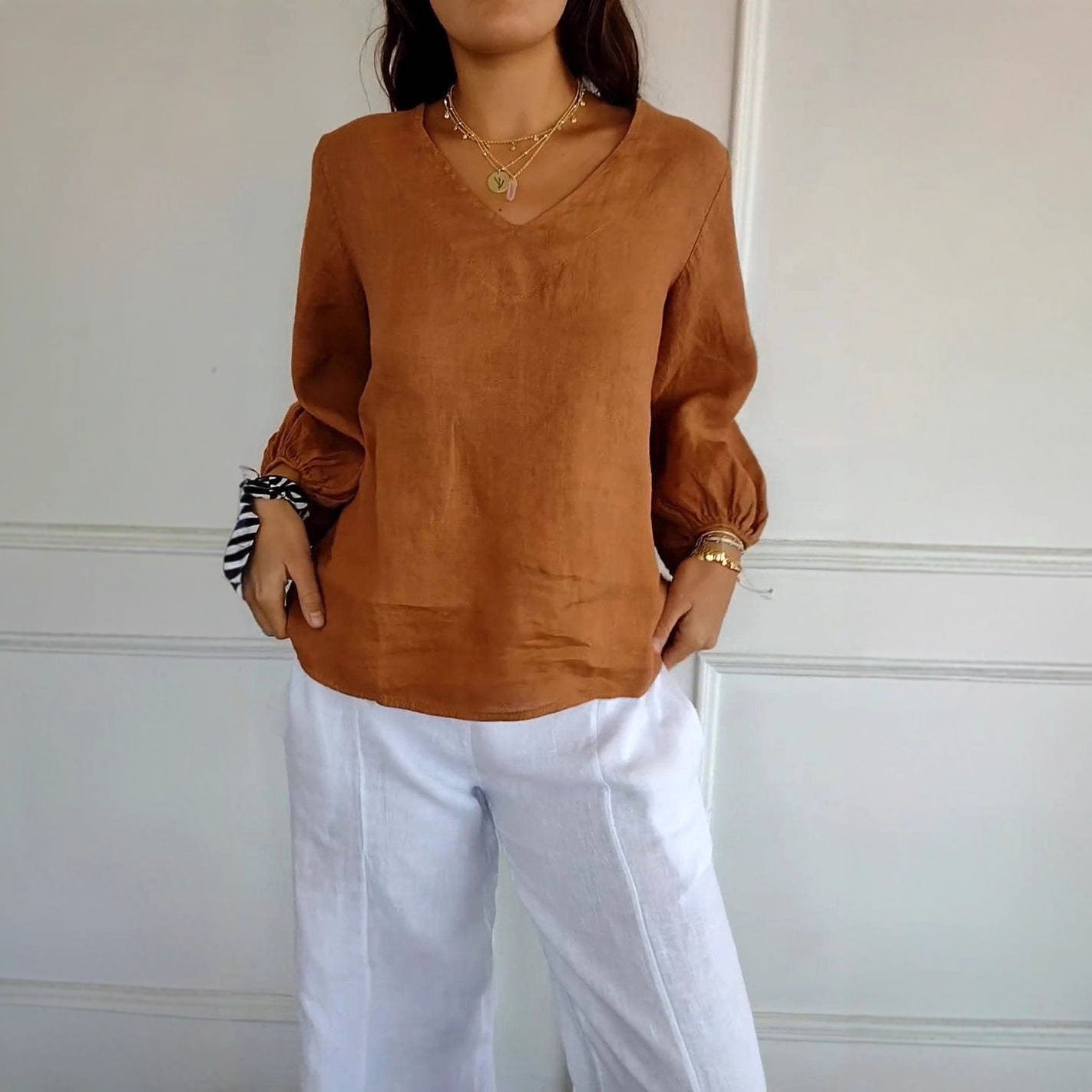 Solid-Color V-Neck Long-Sleeve T-Shirt