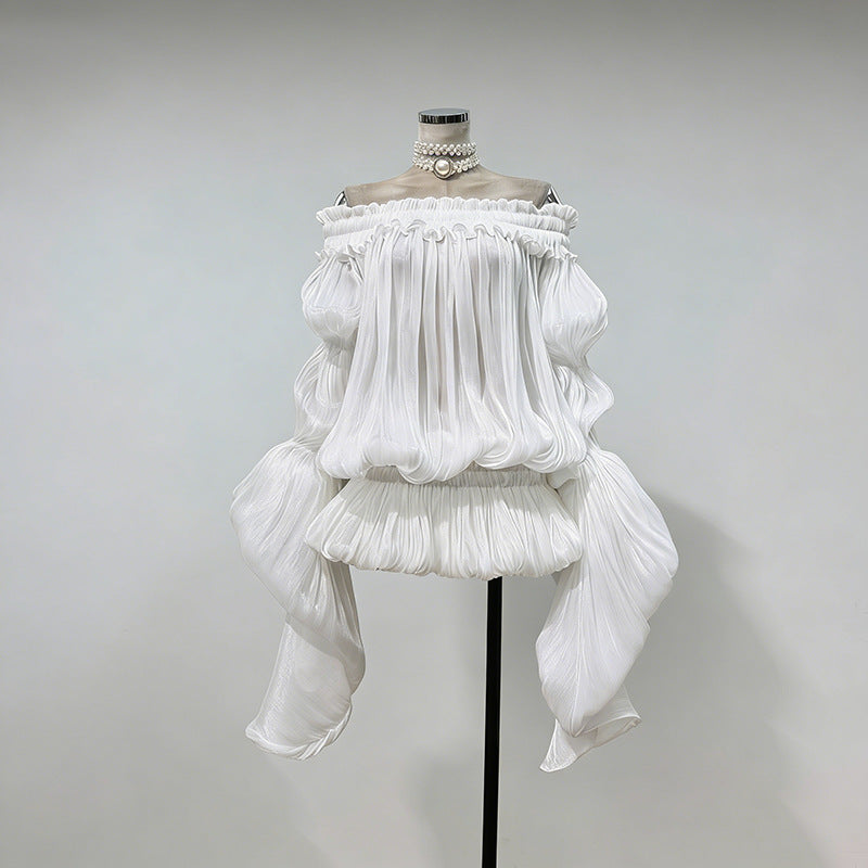 Elegant Off-the-shoulder Short Skirt With Fluttering Straps