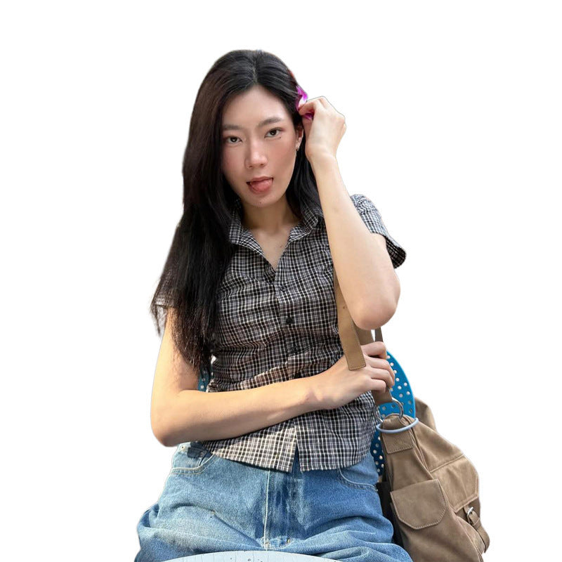 Hot Girl Fashion Plaid Printed Lapel Single Breasted Slim Fit Waist-controlled Top Women