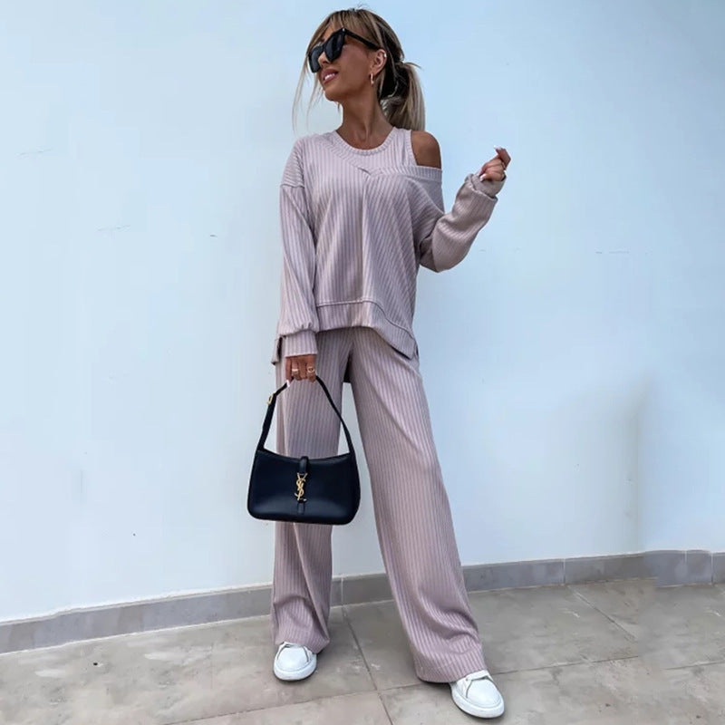 Women's Solid Color Vest Inner Match Long-sleeved V-neck Top Casual Pants Three-piece Set