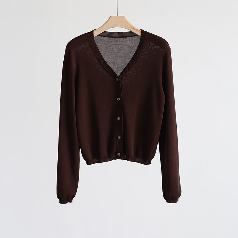 Spring And Summer V-neck Short Tencel Knitted Cardigan Pure Color All-matching
