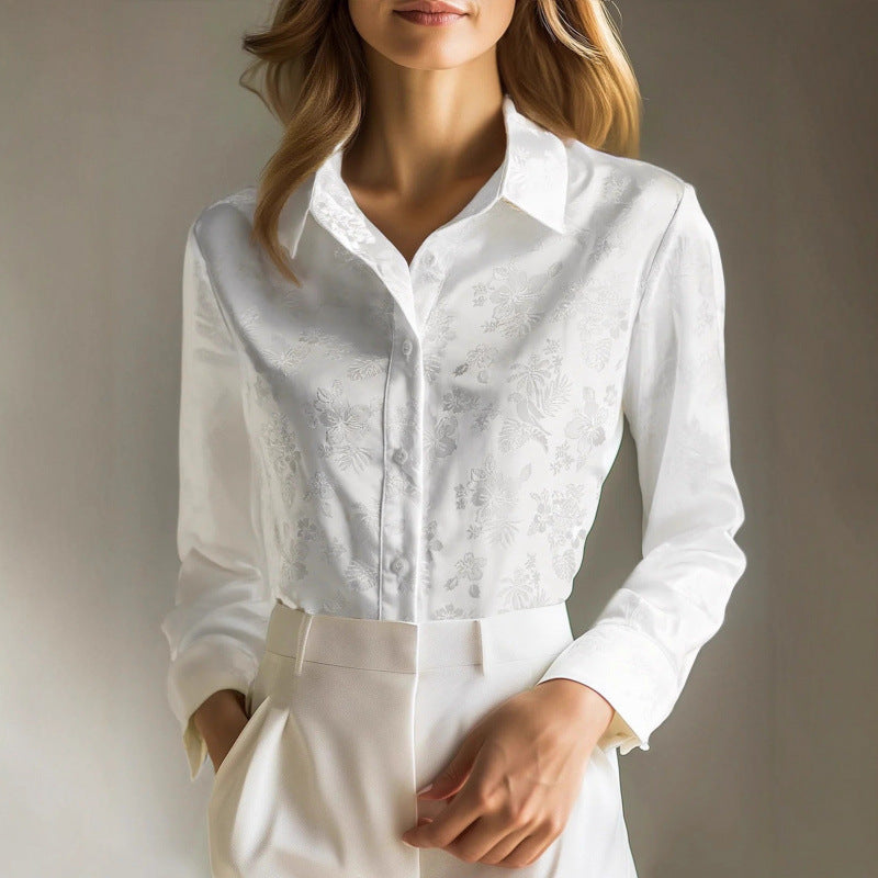 New French Jacquard Subtle Pattern Lapel Long Sleeve Shirt Women's Clothing