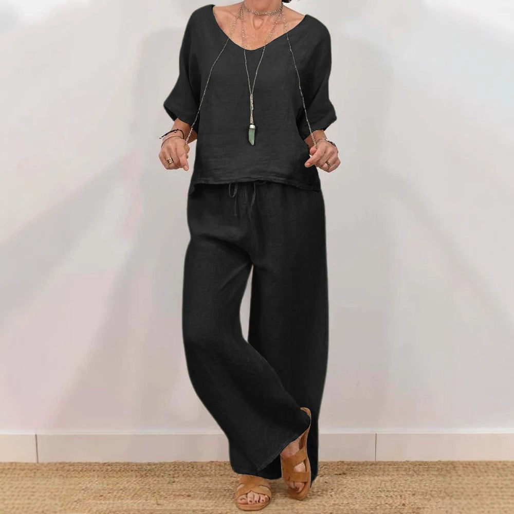 Womens Multi-Color Two-Piece Set Casual V-Neck Pullover With Three-Quarter Sleeves And Extended Pants