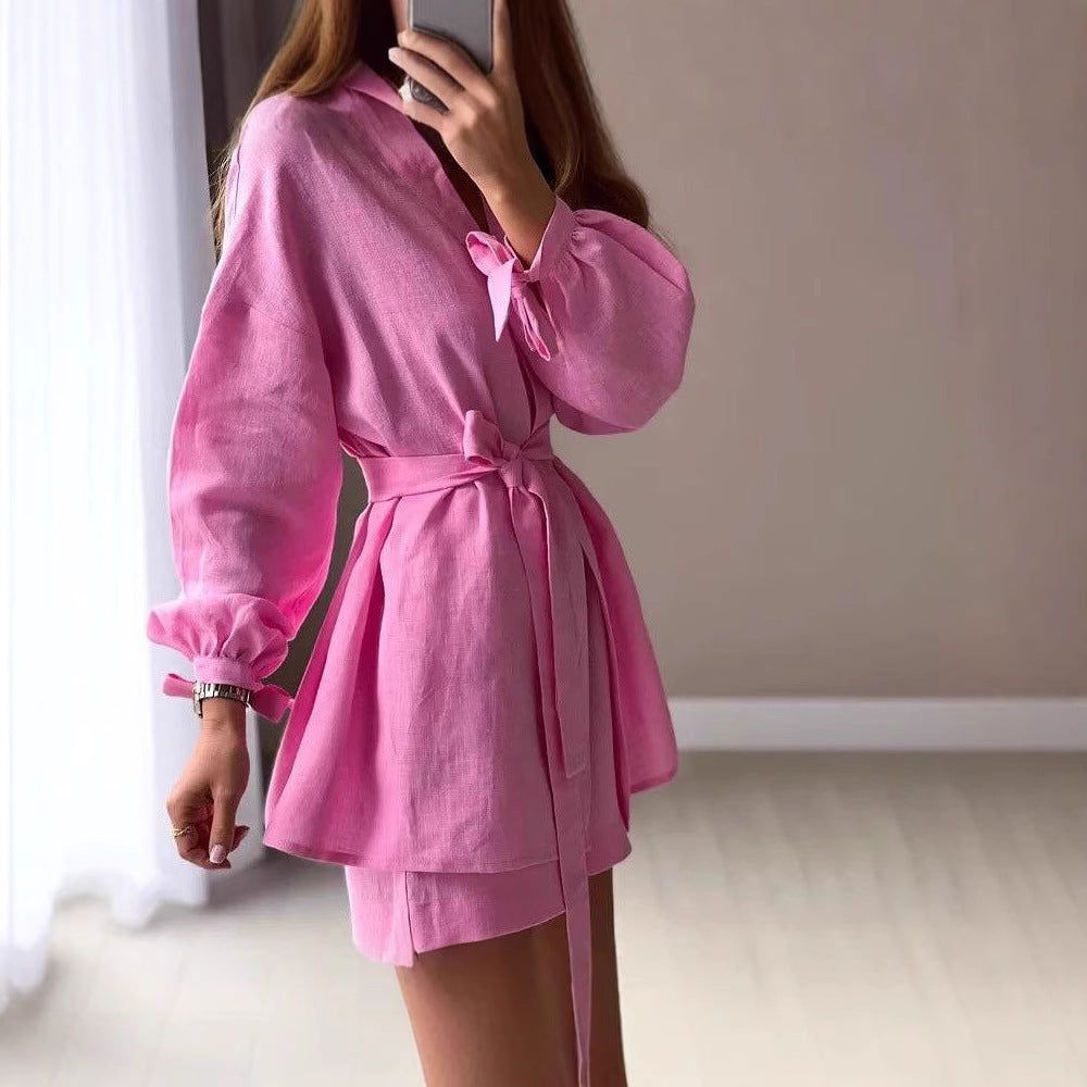 Lace-up Fashionable Top Casual Loose High Waist Shorts Two-piece Set