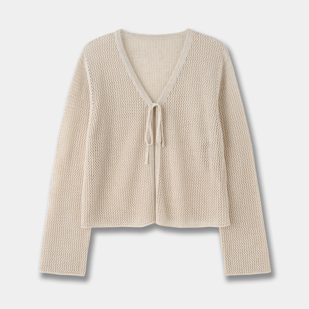 Pure Color Slimming V-neck Lace-up Hollow Knitted Cardigan