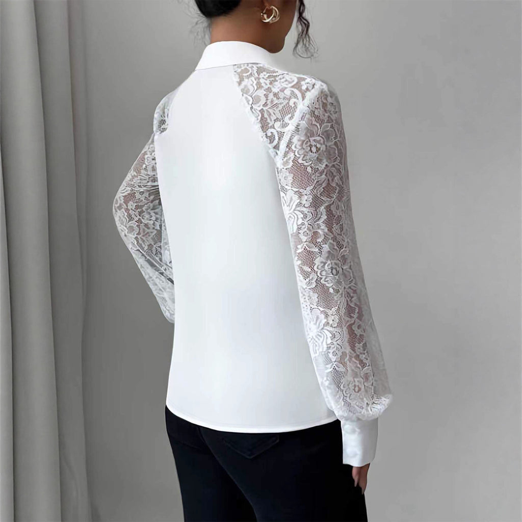 Women's Lace Solid Color Button Long Sleeve Shirt