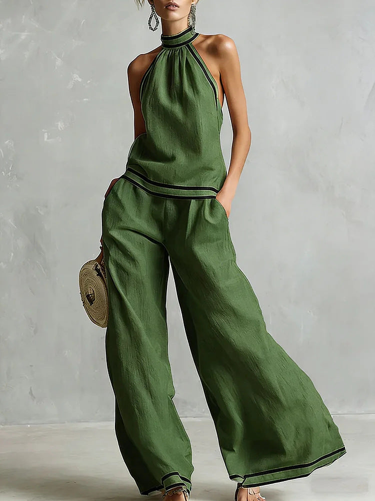 Striped Patchwork Halter-neck Sleeveless Wide-Leg Pants Set