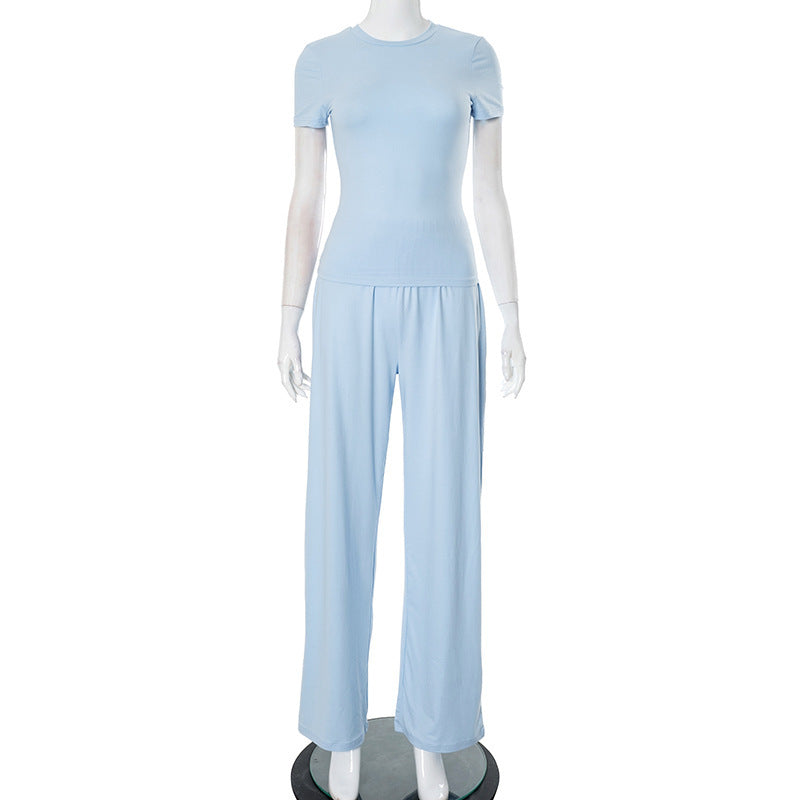 Spring And Summer Round Neck Solid Color Slim Fit Pullover Elastic Waist Wide Leg Trousers Suit