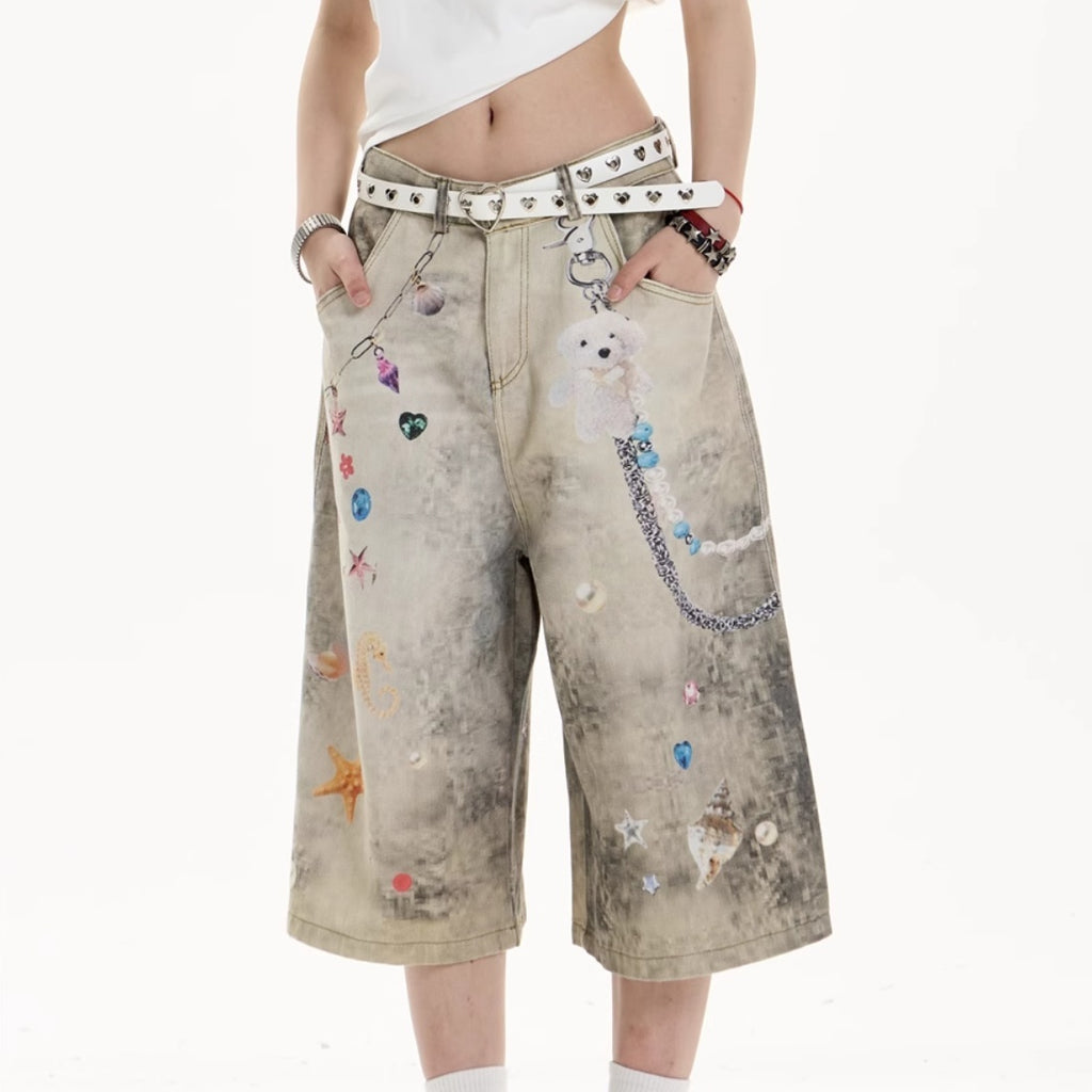 Creative Women's Straight Loose Printed Wide-leg Cropped Jeans