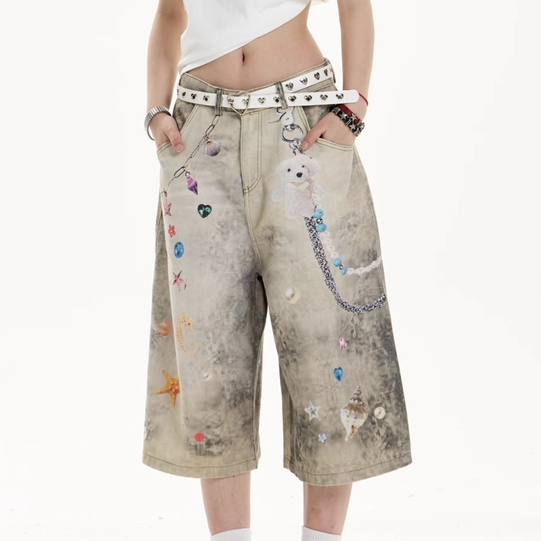 Creative Women's Straight Loose Printed Wide-leg Cropped Jeans