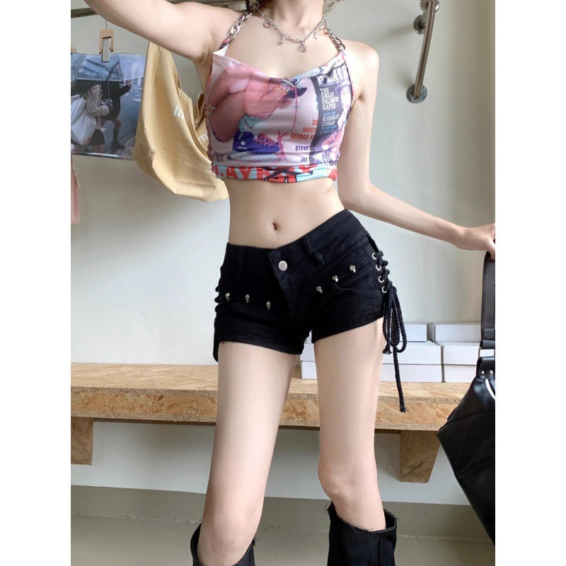 High Quality American Retro Tight Black Denim Shorts