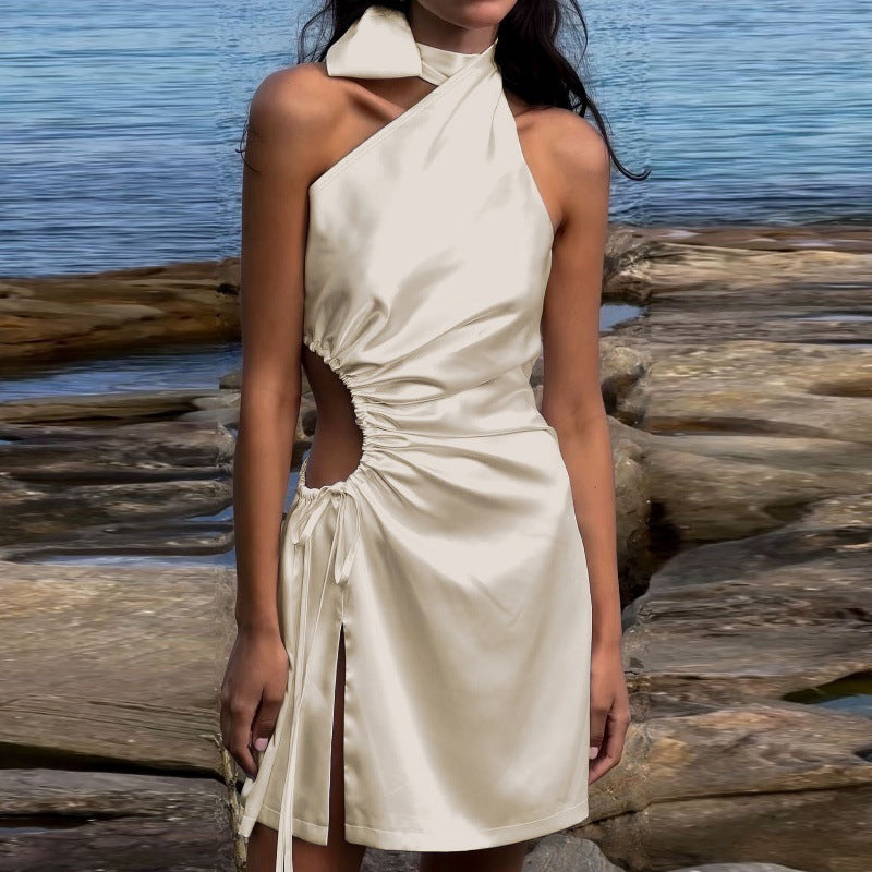 French Style Crossbody Bow Waist Slit Temperament Pure Color Dress