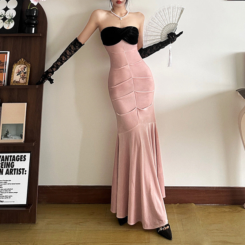 Contrast Color Sexy Socialite Off-shoulder Tube Top Package Hip Fishtail Dress Women