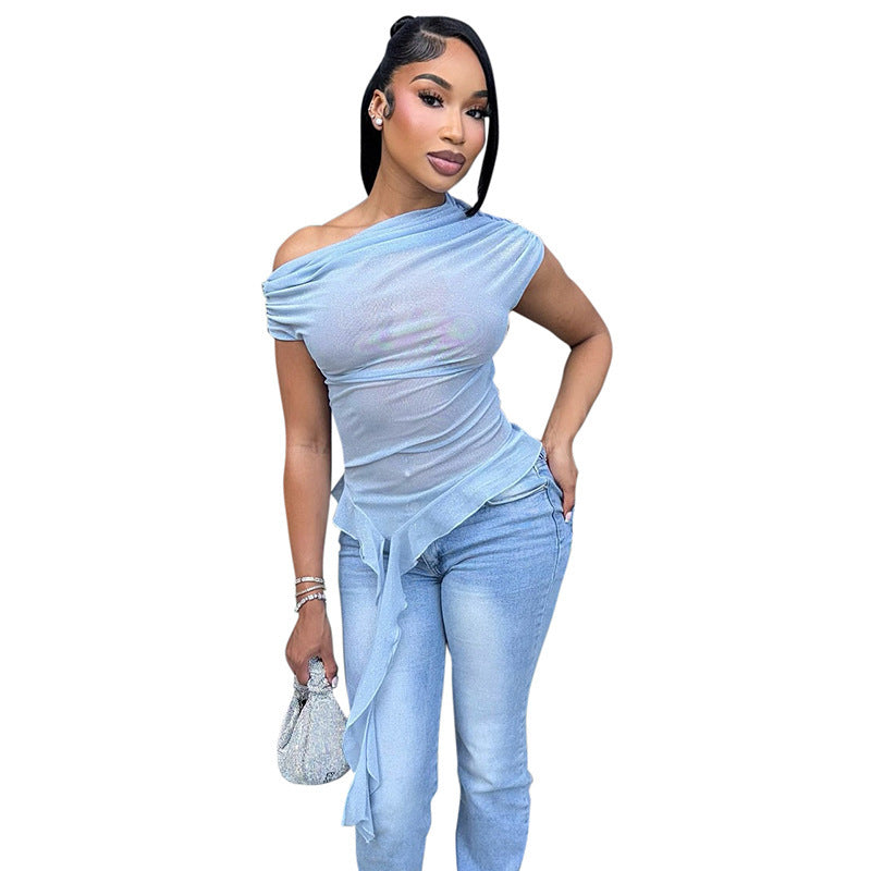 Women's Mesh Shoulder Short-sleeved Flounced Ribbon Top