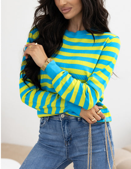 Green Stripe Crew Neck Drop Shoulder Casual Sweater