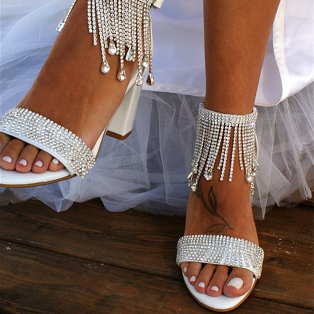 Womens Rhinestone-embellished Chain Strap Chunky Heel Sandals