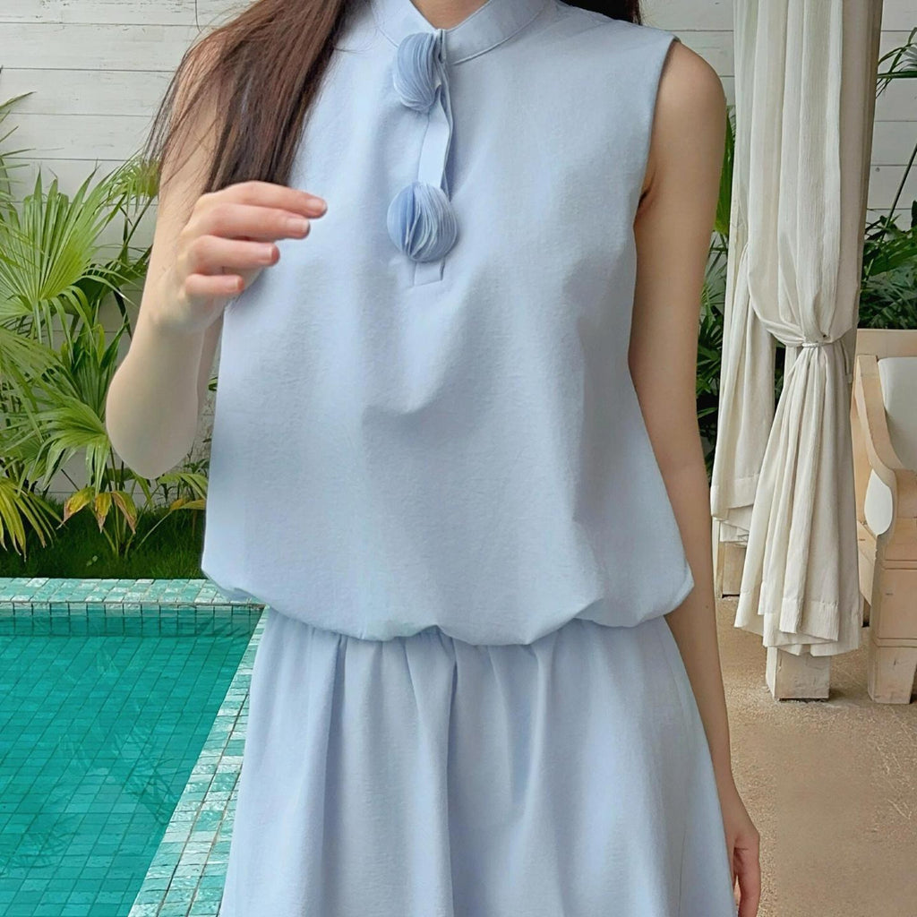 Women's Blue Cotton Blended Stand Collar Sleeveless Bud Vest
