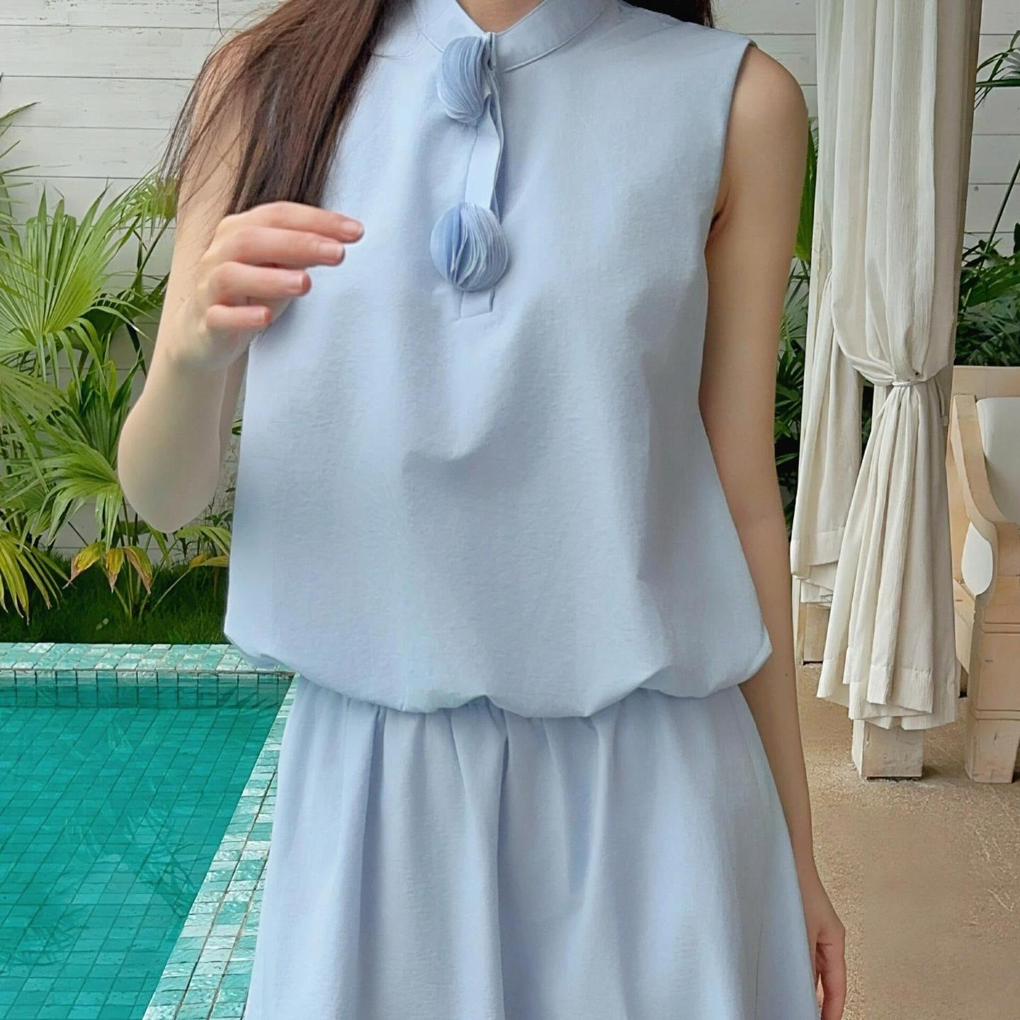Women's Blue Cotton Blended Stand Collar Sleeveless Bud Vest