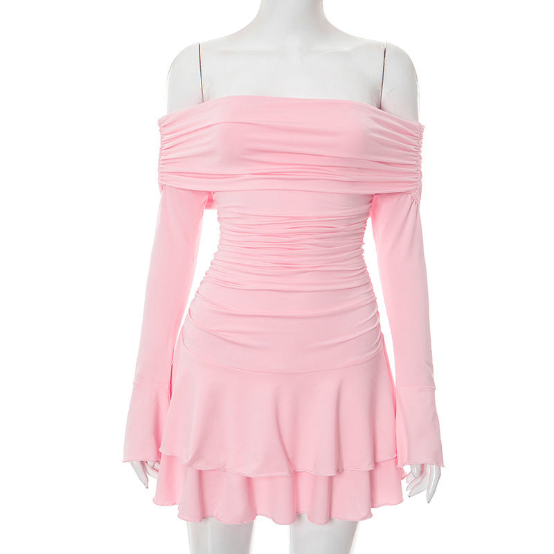 European And American Solid Color Off-neck Pleated Ruffled Long Sleeve Sexy Jumpsuit Skirt