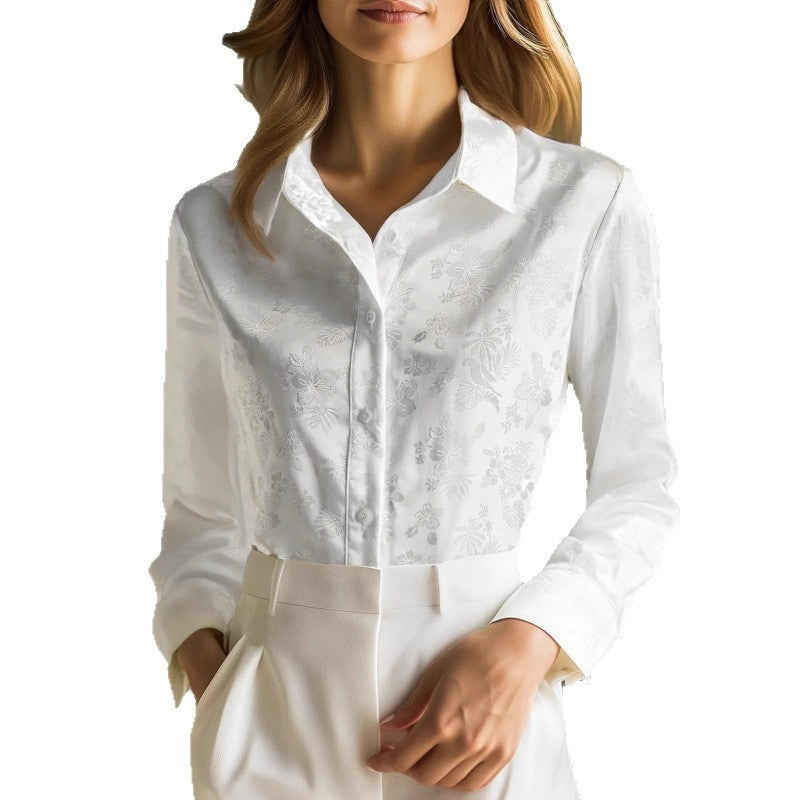 New French Jacquard Subtle Pattern Lapel Long Sleeve Shirt Women's Clothing