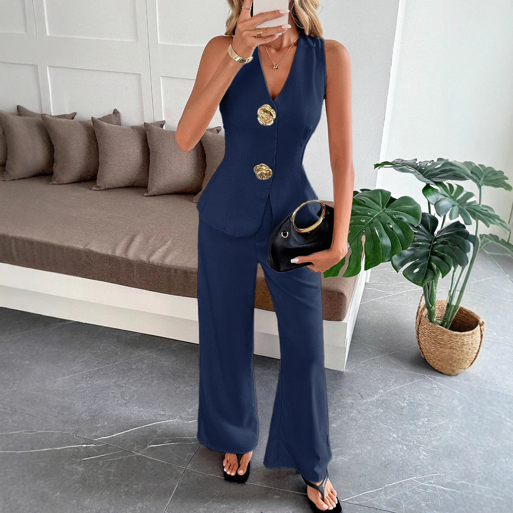 Simple-style Vest And Straight-leg Pants Two-piece Set