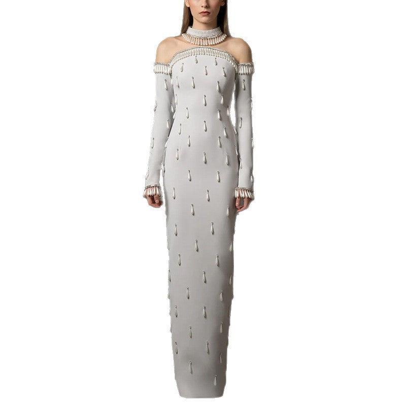 Heavy-duty Pearl Bead And Diamond-embellished Mesh-panel Long Dress