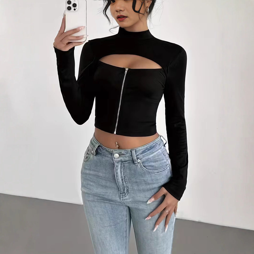 Elegant High-neck Zip-up Long-sleeve Stretch Top