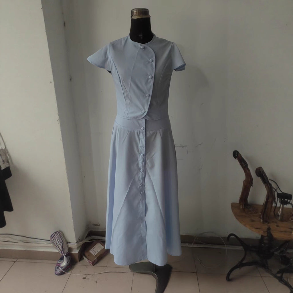 Solid-Color Buttoned Short-Sleeve Top And Flared Maxi Skirt Two-Piece Set